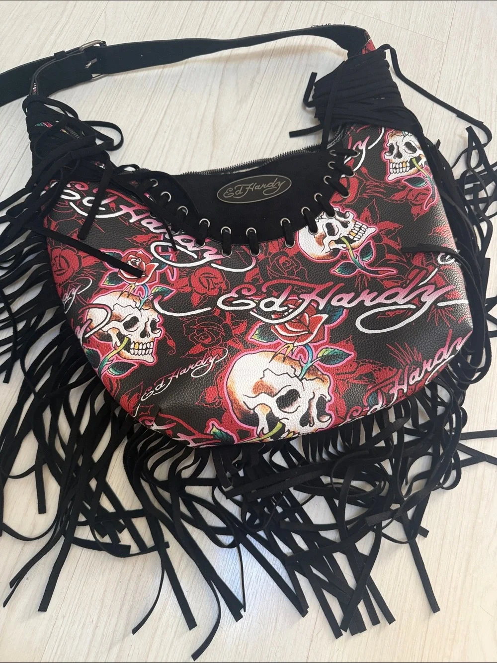 NWT Ed Hardy Skull & Rose Fringe Hobo